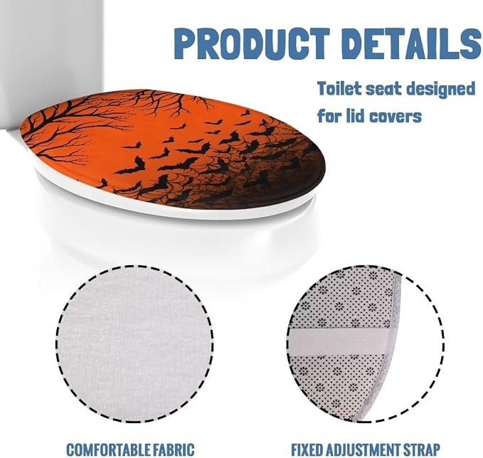 Halloween Bats Toilet Lid Cover, Flannel Soft Dustproof Toilet Seat Cover, Machine Washable Reusable Toilet Lid Cover