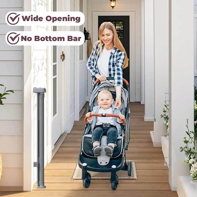 Retractable Baby Gate for Stairs & Doorways, Mesh Dog Gate Indoor Outdoor, Extends to 55" Wide 34" Tall Child Gate for Hallways, Deck, Porch, Pet Toddler Safety Essentials, Easy Install, Grey