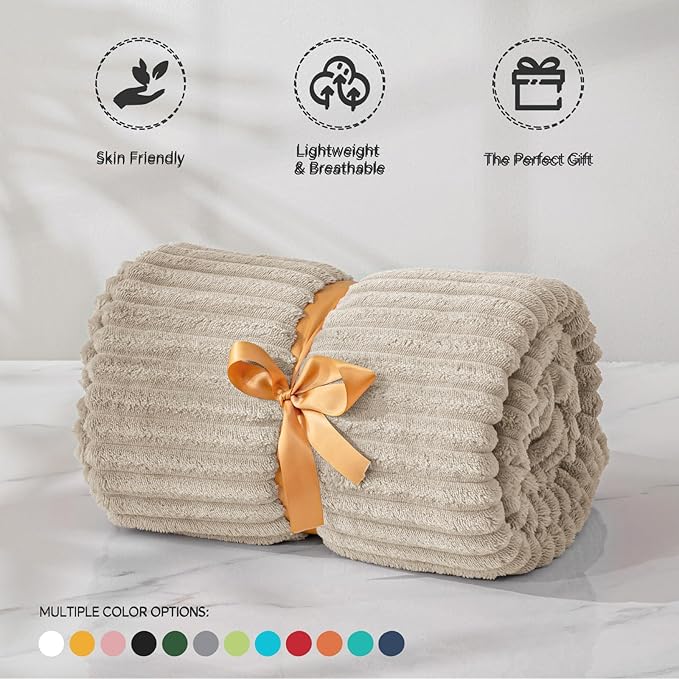 BEDELITE 3D Ribbed Jacquard Linen Fleece Twin Blanket for Bed, 60x80 Inch | Soft Warm Decorative Fluffy Blanket, Cozy Plush Lightweight Fuzzy Throw Blanket for Couch Sofa Room Decor, Gift for Women