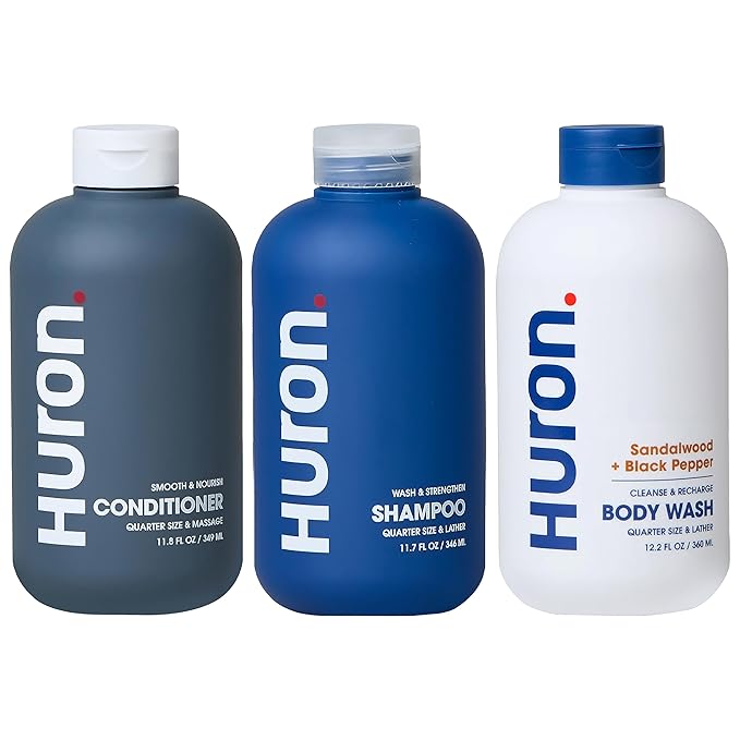 Huron Men’s Shower Kit – Shampoo, Conditioner & Body Wash with Sandalwood + Amber Scent, Hydrating, Phthalate-Free, non-toxic Ingredients for Hair & Skin Care, 12 fl oz (Pack of 3)