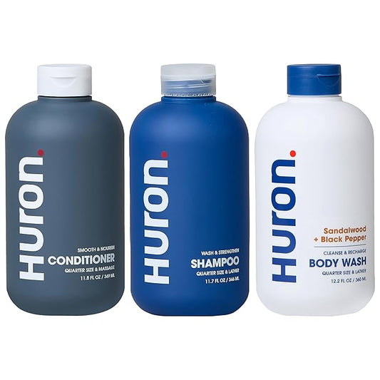 Huron Men’s Shower Kit – Shampoo, Conditioner & Body Wash with Sandalwood + Amber Scent, Hydrating, Phthalate-Free, non-toxic Ingredients for Hair & Skin Care, 12 fl oz (Pack of 3)