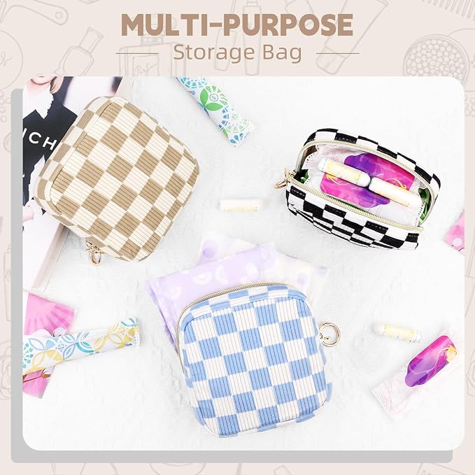 Checkered Period Bag for Teen Girls, Corduroy Sanitary Napkin Storage Bag with Ring Buckle, Cute Menstrual Pad Pouch Tampon Holder for Purse (Checkered-Khaki)