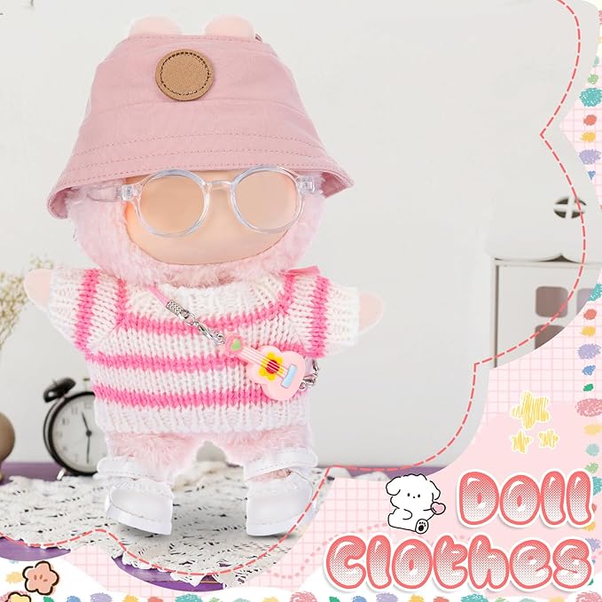 5 Pcs Stylish Set for 17cm Dolls with Fashion Hat, Guitar, Transparent Glasses, Shoes and Sweater Outfit Set, Cute Doll Style Accessories Gift (Sweet, Pink)
