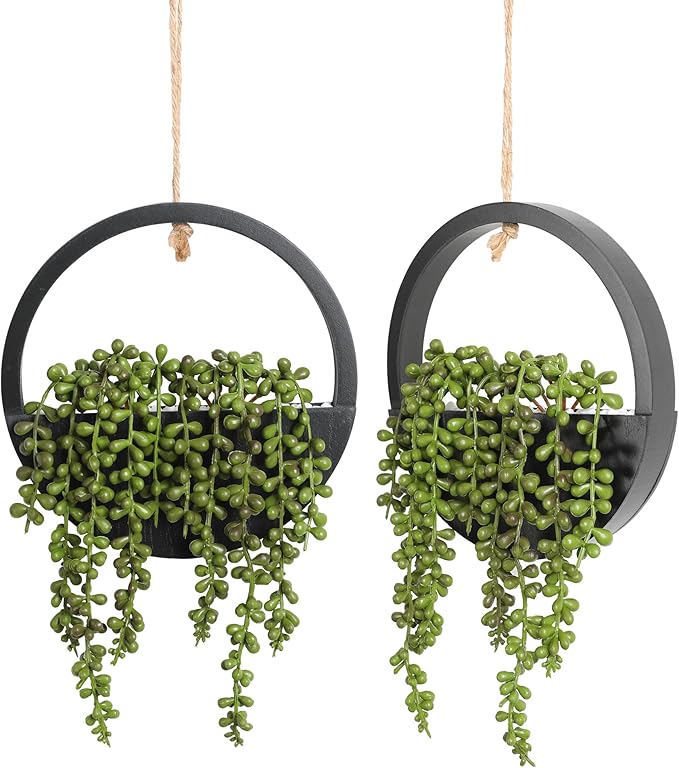 2pcs Artificial Succulents Hanging Plants 20.1'' Fake String of Pearls in Pot with 9.4'' Lanyard for Indoor Outdoor Wall Decor (Black)
