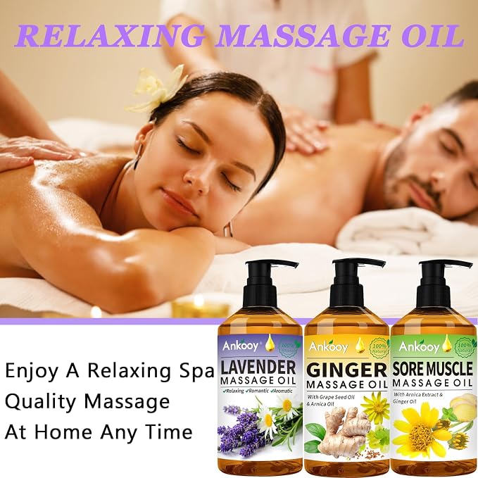 3 Pack Massage Oil for Massage Therapy,Sore Muscle Arnica Oil & Relaxing Lavender Oil & Ginger Oil Lymphatic Drainage & Massage Ball,Massage Kit Gifts for Women Men,Spa Gifts Birthday Gifts for Women
