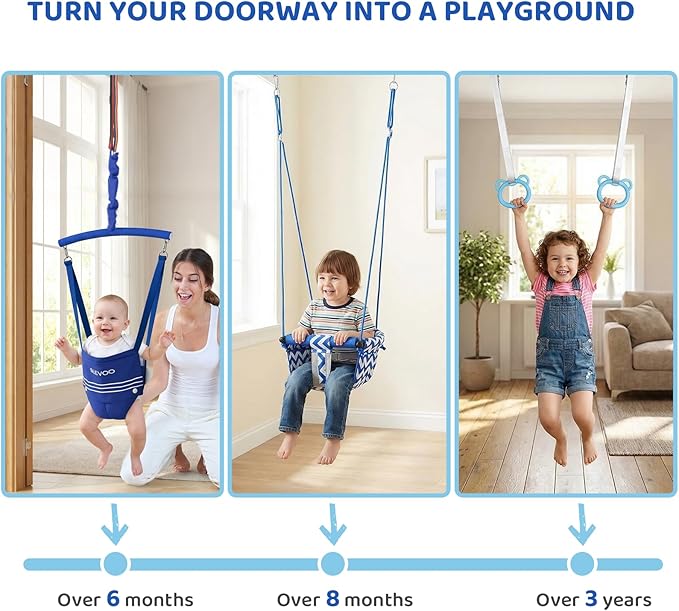 Slevoo Kids Doorway Jumper Swing & Pull-Up Bar Gym, Fits 38"-45" Hallway Doorway, 4-in-1 Indoor Exercise & Play Equipment for Toddlers & Kids
