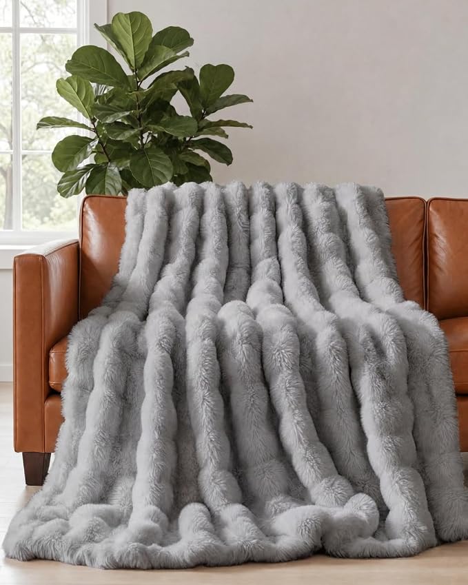 3D Fleece Bubble Blanket Queen Size - Rabbit Blanket - 90" x 90", Grey | Soft Fluffy Faux Fur Blanket for Couch Sofa & Chair, Cozy Gifts for Women, Tie Dye Cloud Throw Bed Cover, Thick Plush Bedding