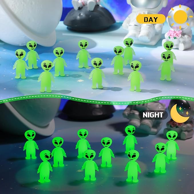 50 Pcs Halloween Mini Alien Figure Glow in The Dark Small Luminous Alien Figurine to Hide and Seek for Halloween Party Favors, Trick or Treat Goodie Bag Fillers, Space Party Favors