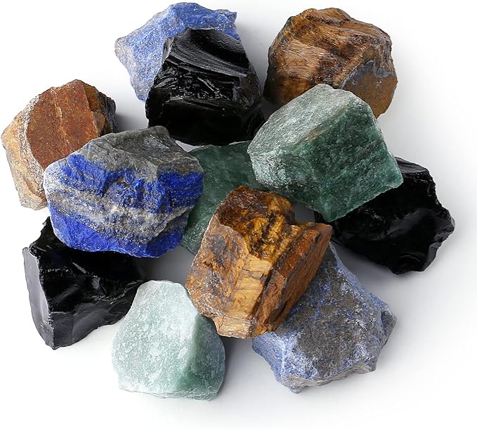LAIDANLA 1lb 2" Bulk Mixed Stone Set Large Raw Crystals Lapis Lazuli Obsidian Tiger's Eye Green Aventurine Natural Rough Stones Crystals Healing Gemstones for Reiki Healing Tumbling Rocks