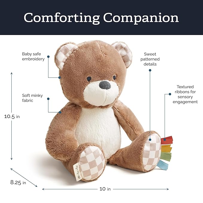 Itzy Ritzy Snuggles Plush Toy – Soft Stuffed Animal for Babies, Kids & Adults – Sensory Ribbons & Textured Fabrics for Tactile Play – Cozy & Cuddly Companion for Newborns & Up (Bear)