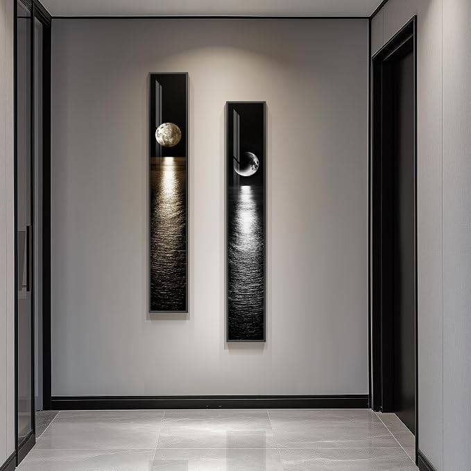 Framed Vertical Moon Wall Art Set of 2, Modern Black White Gold Landscape Canvas Prints Artwork for Walls, Long Narrow Night Sea Pictures for Living Room Bedroom Dining Room Entryway Hallway Wall Decor