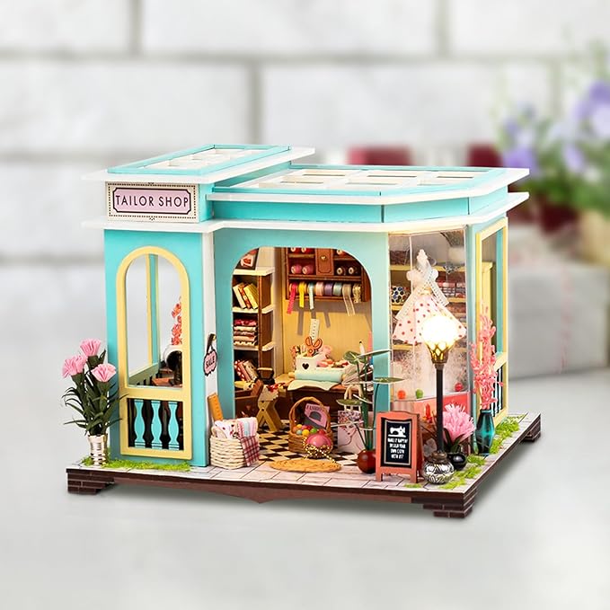Foyucool DIY Miniature House Kit, Dollhouse Kit with LED Light, Mini House Building Kits for for Adult to Building, Christmas Home Decorations Gifts for Family and Friends, Tailor's Store
