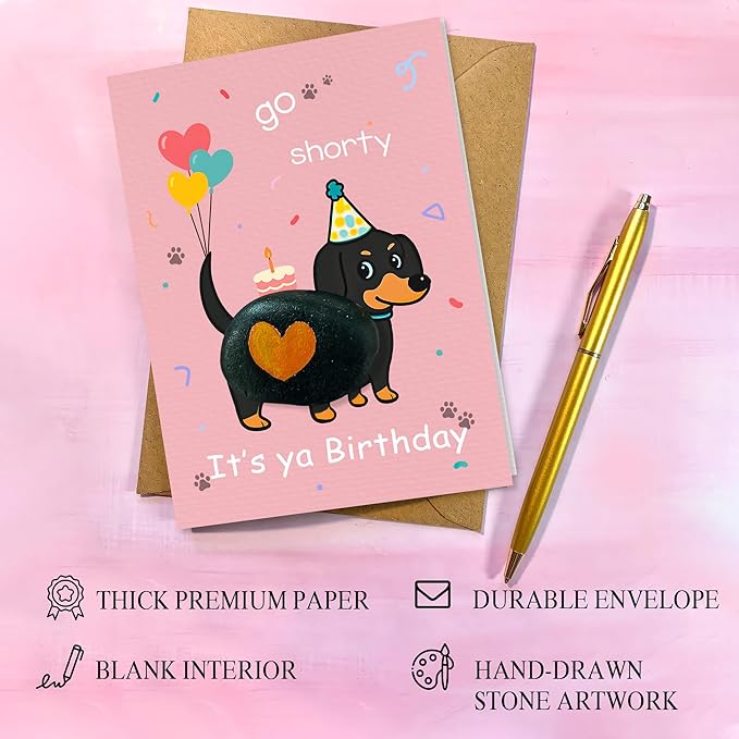Handmade Dachshund Birthday Greeting – Funny Weiner Pebble Art Gift – Pet Lover Humor, Cute Party Design, Unique Birthday Surprise for Animal Enthusiasts