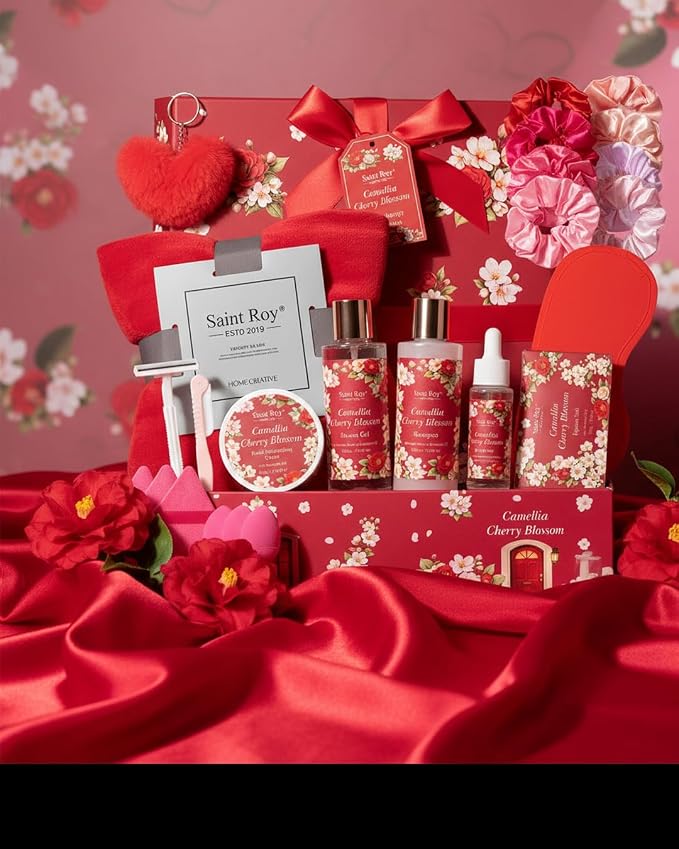 35Pc Birthday Gift for Women, Cherry Blossom Rose Bath and Body Basket Gift | Spa Gift Basket, Face Skin Care Kit, Home Spa Self Care, Lip Gloss, Birthday, Christmas, Mother, Bridal Shower, Anniversary
