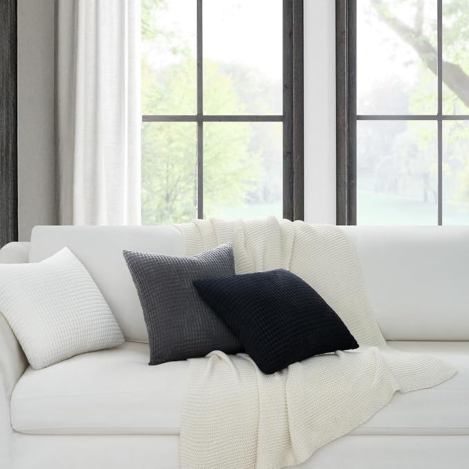 Topfinel 4 Packs Black and WhiteDecorative Throw Pillow Covers 22x22 Inch for Living Room Couch Bed Sofa, Boho Western Farmhouse Home Decor, Square Soft Moss Corduroy Fall Cushion Case 55x55 cm