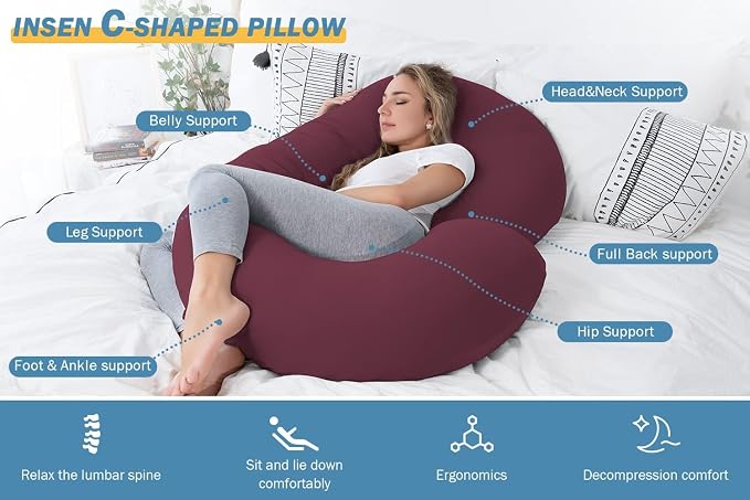 INSEN Pregnancy Pillow, Maternity Body Pillow with Velvet Cover, C Shaped for Side Sleeping, Dark Purple