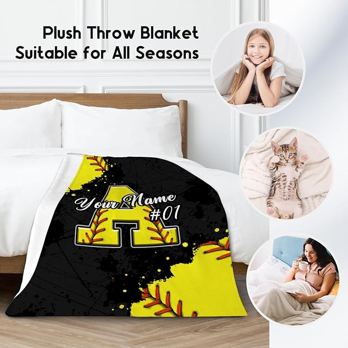 Personalized Softball Blanket - Custom Initial Name Gifts for Girls - Lightweight Soft Sports Throw for Softball Players - 60x80 Inches Large Blanket Decor Ideas for Her
