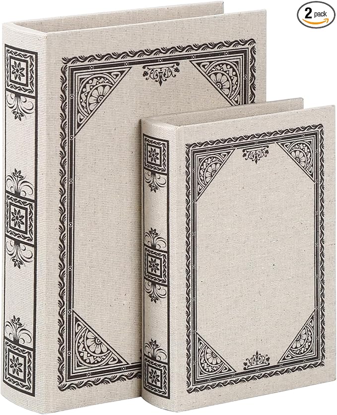 Decorative Wooden Book Box Set of 2 - Vintage Faux Book Boxes for Home Decor, Secret Storage with Magnetic Closure, Antique Style, Linen Cover Design, Perfect for Home Office Bookshelf
