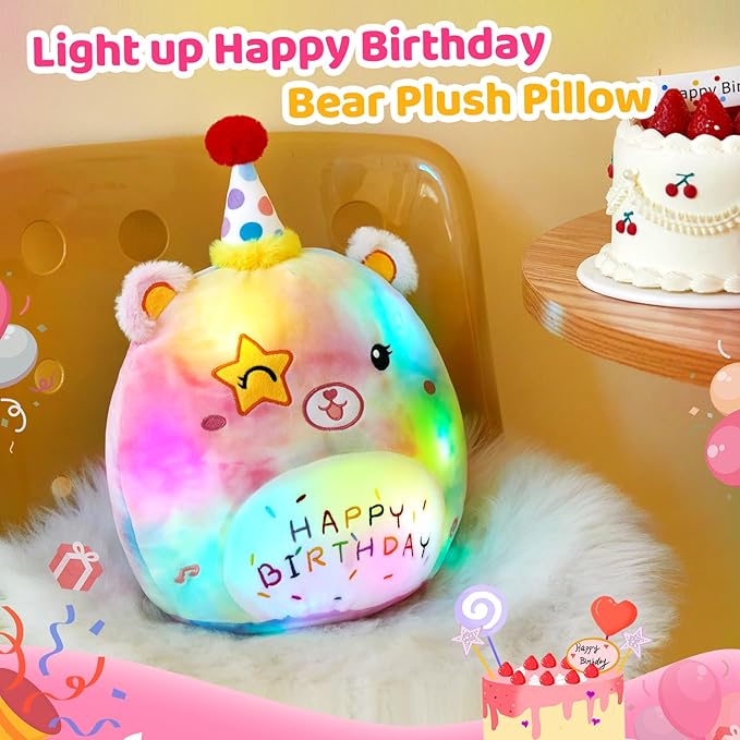 Athoinsu 14" Happy Birthday Light up Musical Bear Plush Pillow Cute Rainbow Stuffed Animal Soft Kawaii Birthday Plushie Star Wink Funny Pillows Home Room Decoration Gifts for Toddlers Kids Girls