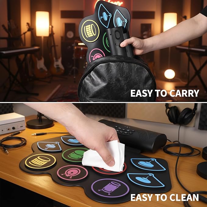 9 Pads Bluetooth Electric Drum Set, Portable Roll Up Electronic Drum Pad with Headphone Jack, Pedals & Sticks, Recording Function, Great Holiday Xmas Birthday Gift for Kids