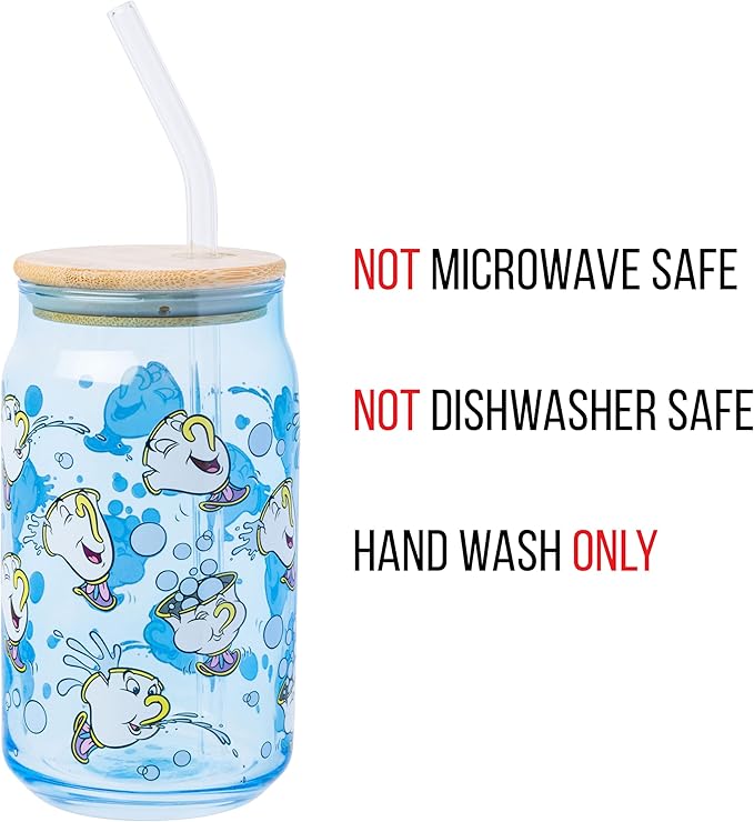 Silver Buffalo Disney Beauty and the Beast Featuring Chip Teacup Blue Glass Jar Tumbler with Bamboo Lid and Glass Straw, 16 Ounces