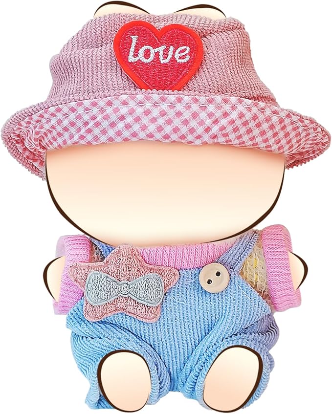 Doll Clothes for 17cm Dolls, Cute Outfit Set with Accessories, Bucket Hat and Overalls (No Doll) (Blue Overalls Set)