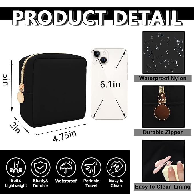 UIXIZQ Waterproof Mini Makeup Bag for Purse,Small Cosmetic Pouch Nylon Travel Toiletry Organizers Bag for Women Girls,Cute Zipper Preppy Coin Purse for Work(Mini-Black)