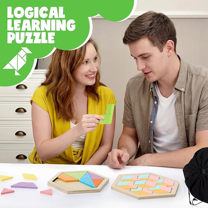 Yunsailing 3 Pack Hexagon Tangram Puzzle Wooden Brain Puzzles with Storage Bag Challenge Wood Russian Blocks Brain Teasers Geometric Jigsaw Block Logic Iq Stem for Family Party Gift