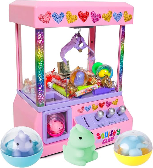 Bundaloo Squishy Claw Machine Arcade Game Candy Grabber Prize Dispenser with 3 Squishy Toys and Reusable Capsules