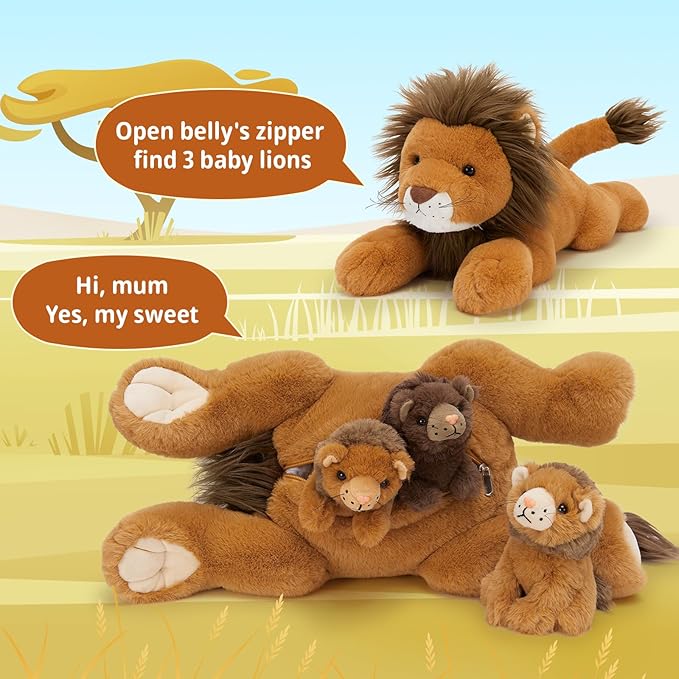 MaoGoLan 4 Pcs Lion Stuffed Animal Set - 19.6'' Lion Plush Toy with 3 Babies in Hers Zippered Back, Charming Gifts for Kids, Suitable for Birthday Christmas Festive Decorn