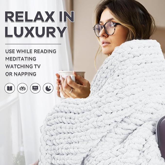 Chunky Knit Blanket - Luxury Soft Cozy 40 * 50 Throw Blanket,100% Woven Blanket Rope Knot Throw Blanket for Couch, Sofa, Home Decor, Gift - Machine Washable (White, 40 * 50)
