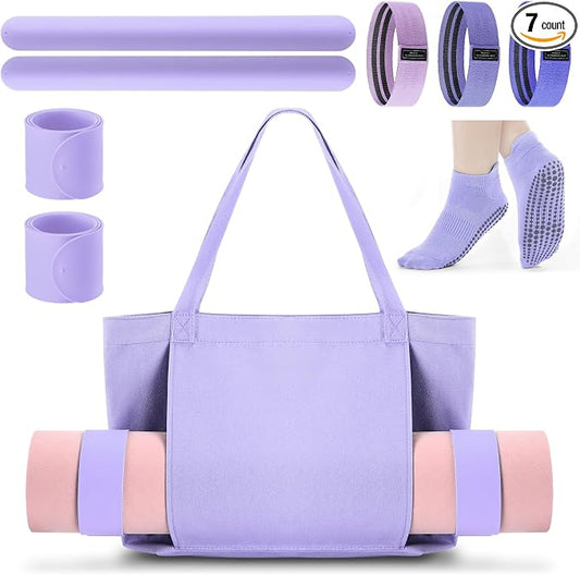 Halloscume Yoga Bag Set for Women Including Yoga Mat Tote Bag, Booty Resistance Bands, Non Slip Sports Socks Silicone Ties for Pilates Travel Workout Office Home Gym