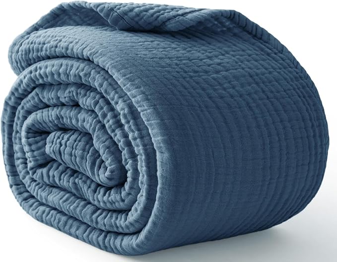 100% Cotton Throw Blanket 50" x 70" Dark Blue, 6 Layers Large Breathable and Lightweight Cotton Blanket for Bed and Couch, Soft Quilt Bedspread, Gauze Blanket for Adults All Season, Blue