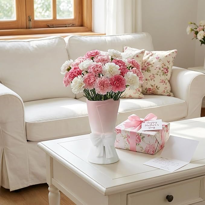 Relexome Pink White Ceramic Bow Vase 9.64 in Unique Cute Modern Decorative Bouquet Flower Vases for Home Living Room Table Decor