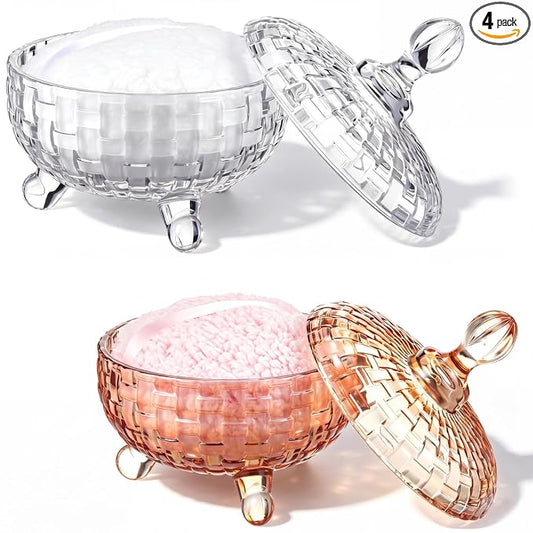 Tioncy 2 Set Extra Large Body Powder Puff and Container, 6'' Washable Vintage Decorative Crystal Powder & Container Gift for Bathroom Counter & Feminine Vanity Decor(Weave Design,Amber and Clear)