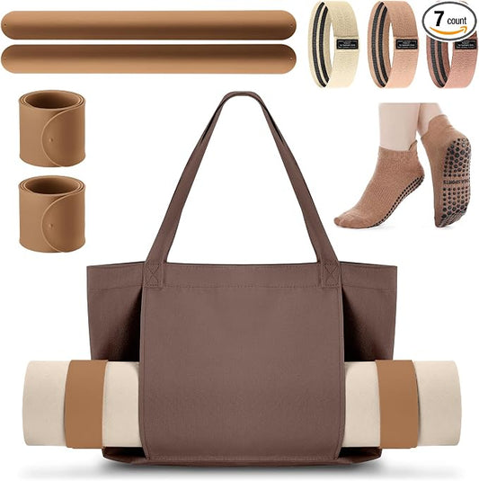 Halloscume Yoga Bag Set for Women Including Yoga Mat Tote Bag, Booty Resistance Bands, Non Slip Sports Socks Silicone Ties for Pilates Travel Workout Office Home Gym