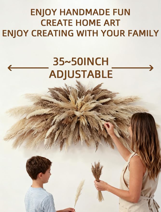 Large Boho Decor Pampas Grass Wall Decor - Need to Assembled | 35~50inch,All-in-One Kit ,Easy Install,Natural Dried Flower, Perfect decor for Living Room、Wedding Arch、Entryway、Party decor