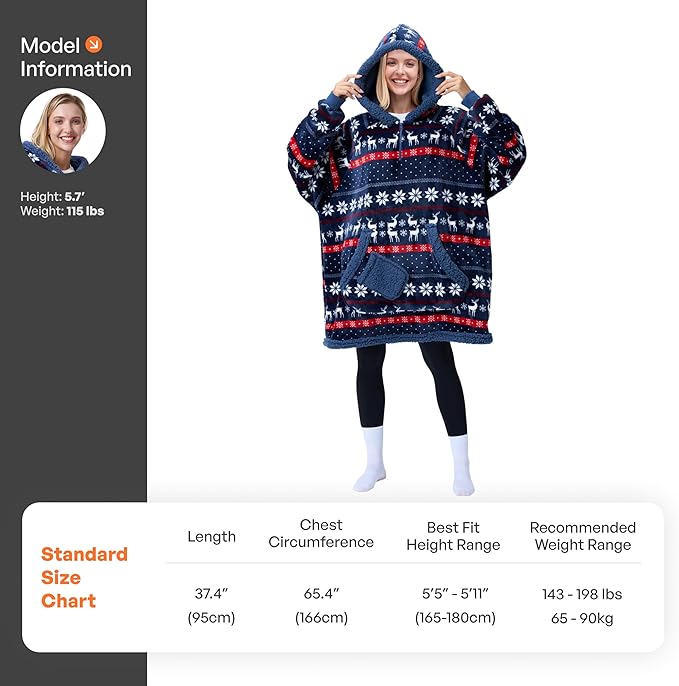 Giggling Getup Wearable Blanket Hoodie for Adults Gifts for Teen Girls Sister Women Sherpa Fleece Printed Hooded Blanket Sweatshirt Warm Cozy with Pocket & Sleeves Blue Christmas Nordic
