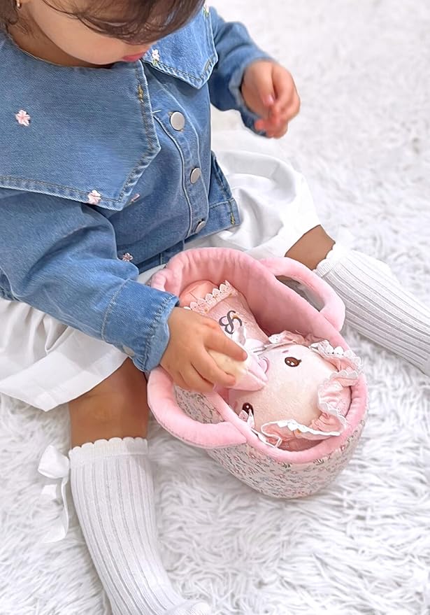 9'' Soft Baby Doll Toys for 1 Year Old Girl, Pretend Playset with Plush Doll, Bassinet, Blanket and Bottle, Perfect Birthday for Toddlers & Infants