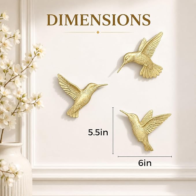 GUSFREUD 3D Hummingbird Wall Decor Set - Gold Resin Bird Wall Decor for Living Room, Bedroom and Gallery Walls - Champagne Gold - Set of 3