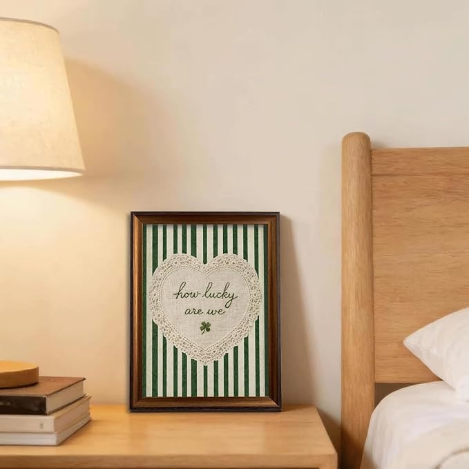 Framed How Lucky Are We Wall Art Vintage Inspirational Quotes Decor Print | Green Striped Lace Heart Aesthetic Painting Poster Trendy Preppy Canvas Picture for Bedroom Collage Ready to Hang 12inx16in