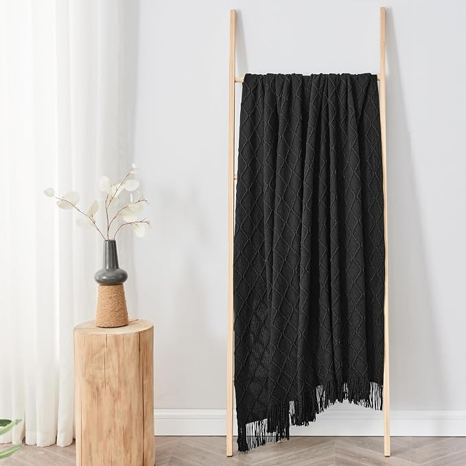inhand Black Knitted Throw Blanket for Couch and Bed, 50"x60" | Soft Cozy Knit Blanket with Tassel, Lightweight Decorative Blankets and Throws, Farmhouse Warm Woven for Men and Women