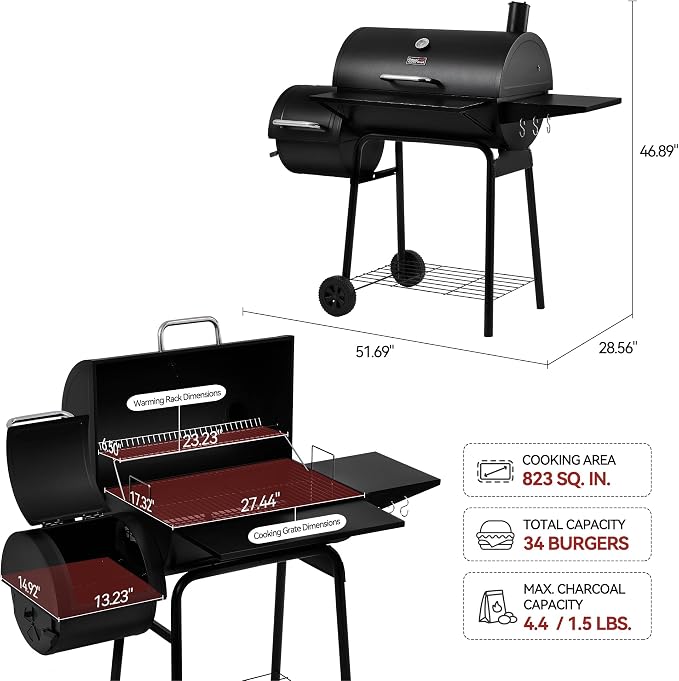Royal Gourmet CC1830S BBQ Charcoal Grill and Offset Smoker | 823 Square Inch cooking surface, Outdoor for Camping | Black | 823 Square Inch cooking surface, Outdoor for Camping | Black