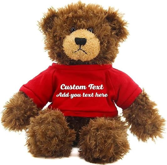 Customized Chocolate Brandon Bear - 12 inch Personalized Stuffed Bear Plush Toy - Perfect Custom Shirt Bear Gift for Graduation Valentines Graduation Easter Holidays (Red Shirt)