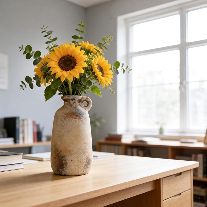 Ceramic Flower Vase, 10.1" Rustic Farmhouse Vase with Glazed Interior, Decorative Pottery Vase for Fresh Flowers, Pampas Grass, Living Room, Dining Table, Mantel and Shelf Decor