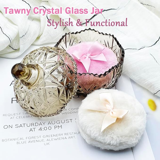 4" Glass Dusting Powder Container with 2 Fluffy Puffs,Cute 3.5" Soft Body Powder Puff and Jar Set(Crown-tawny)