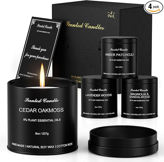 Scented Candles for Men Gift Set – 4 Pack Soy Candles, Amber Patchouli, Cedar Oakmoss, Lavender Woods & Magnolia Sandalwood – Masculine Candle Gift for Men, Dad, Him, Home Décor