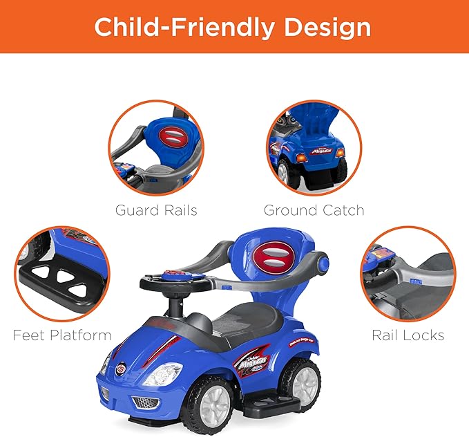 Best Choice Products Kids 3-in-1 Push and Pedal Car Toddler Ride On w/Handle, Horn, Music - Blue