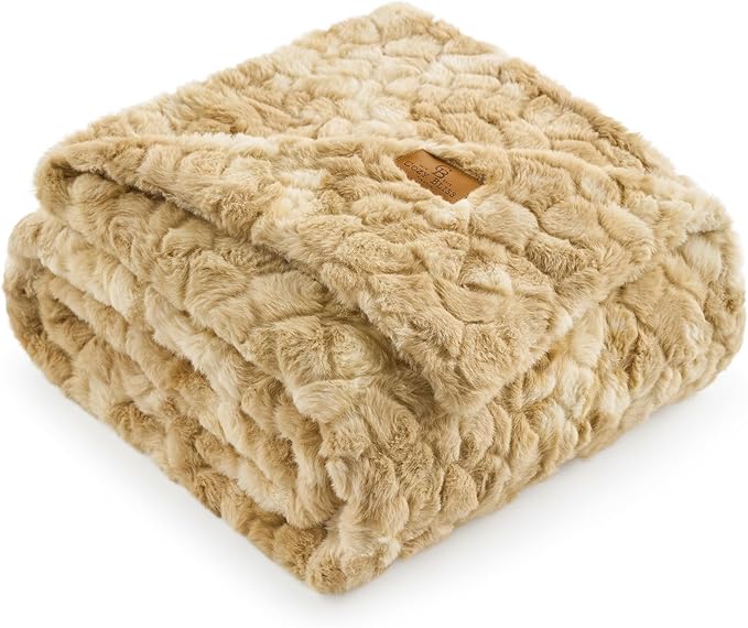 Cozy Bliss Faux Fur Throw Blanket for Couch, Fuzzy Soft Plush Thick Warm Fluffy Reversible Wave Textured Blanket for Sofa Bedroom Living Room, 55 * 70 Inches Tie-dye Khaki