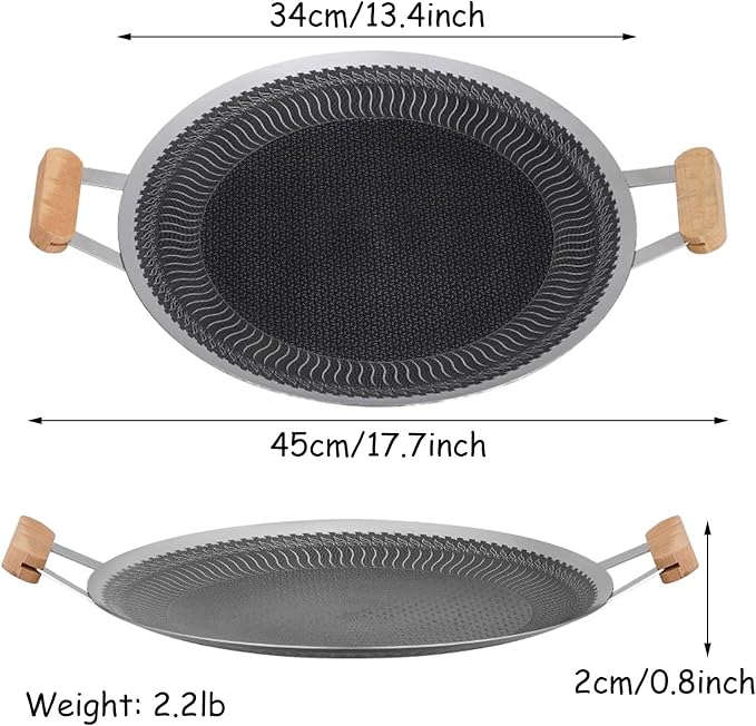 Korean BBQ Grill Pan Nonstick Round Griddle Pan Portable Stainless Steel Skillet Pan with Handle Dinner Server Pan,13.4inch